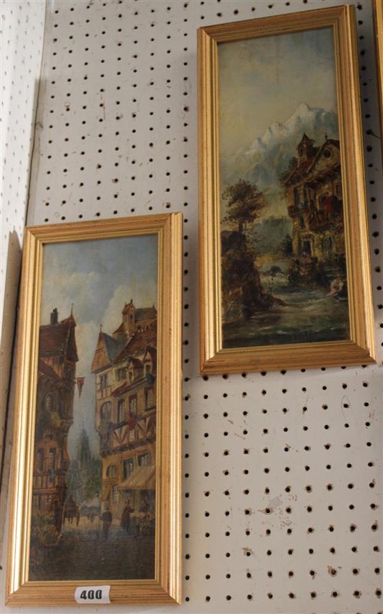 19C Continental School - oil on board, Pair of town scenes